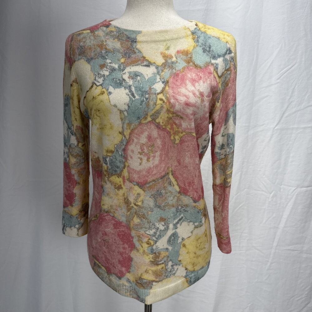 Talbots Womens Pure Cashmere Floral Audrey Sweater Size M Boatneck 3/4 Sleeve - Picture 2 of 8